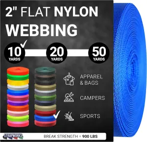 2 Inch Heavy Duty Nylon Webbing Strap Roll for Belt, Backpack, Sling, Collar, Leash, Strapping and More, 10, 20, or 50 Yards, Over 20 Colors