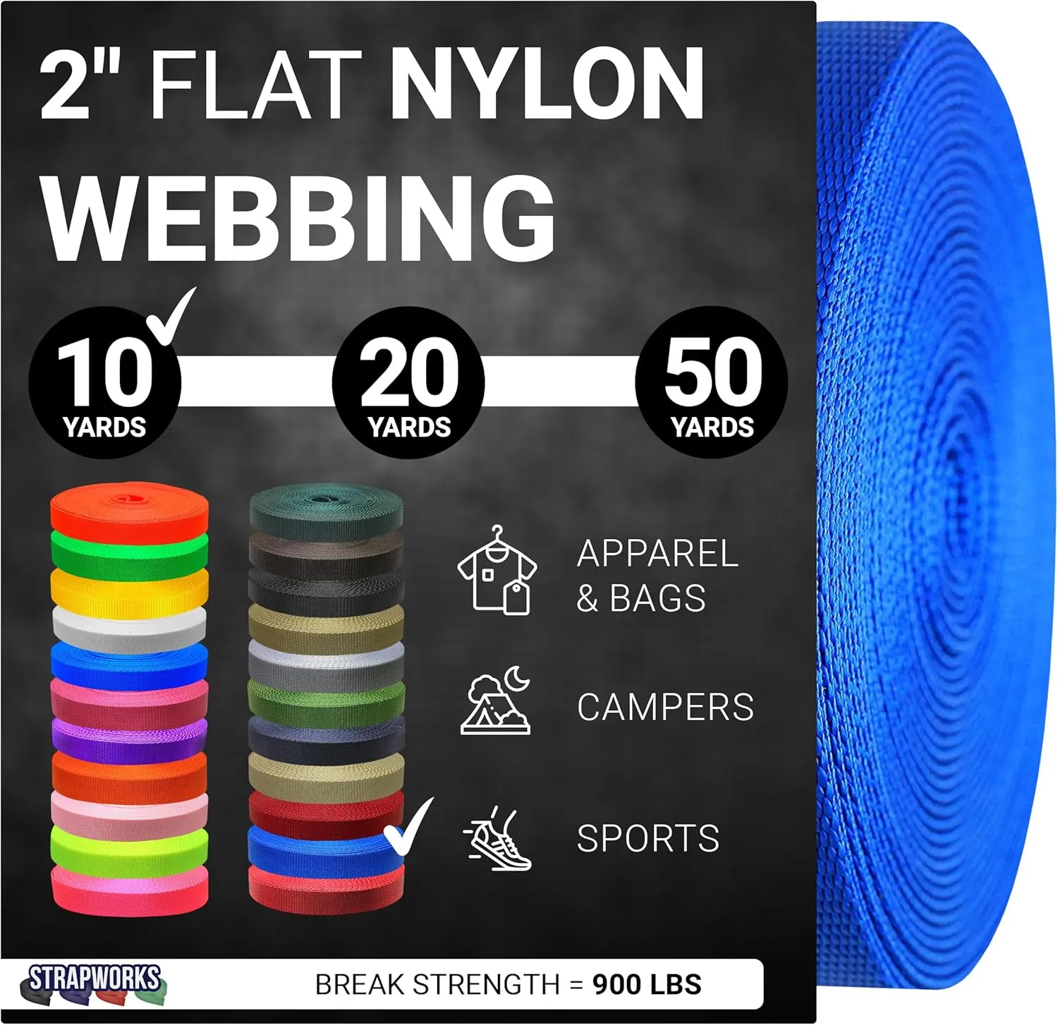 2 Inch Heavy Duty Nylon Webbing Strap Roll for Belt, Backpack, Sling, Collar, Leash, Strapping and More, 10, 20, or 50 Yards, Over 20 Colors