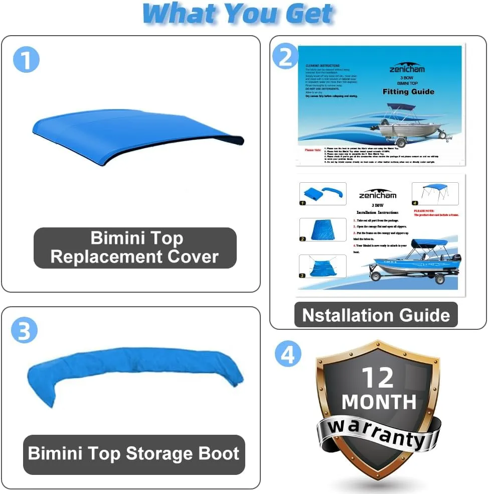 3 Bow Fade and Crack Resistant Bimini Top Replacement Cover, 600D Marine Grade Waterproof Sun Shade Boat Canopy, Easy Install Zipper Sleeves Boat Awning/Without Frame, Blue 6'L 73"-78" W