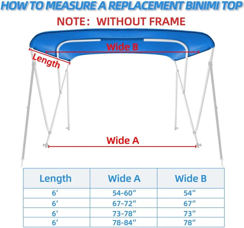 3 Bow Fade and Crack Resistant Bimini Top Replacement Cover, 600D Marine Grade Waterproof Sun Shade Boat Canopy, Easy Install Zipper Sleeves Boat Awning/Without Frame, Blue 6'L 73"-78" W