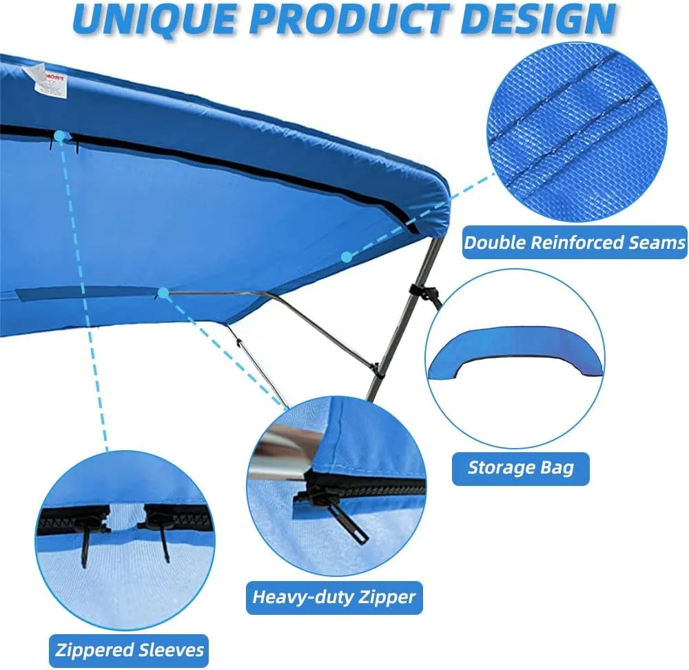 3 Bow Fade and Crack Resistant Bimini Top Replacement Cover, 600D Marine Grade Waterproof Sun Shade Boat Canopy, Easy Install Zipper Sleeves Boat Awning/Without Frame, Blue 6'L 73"-78" W