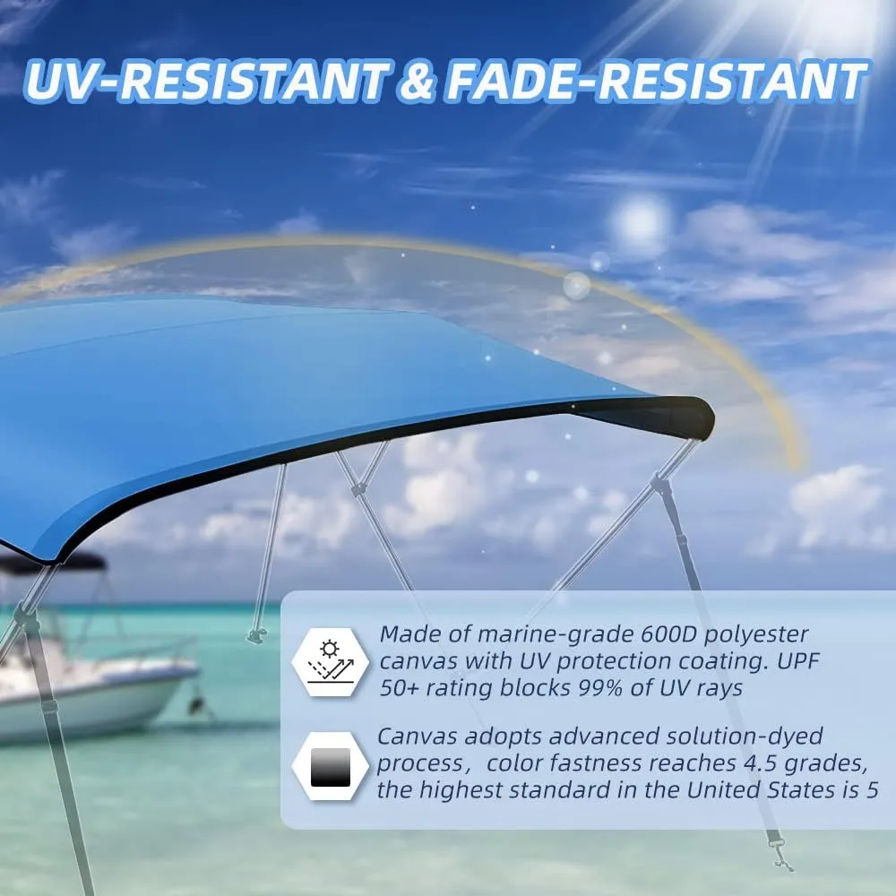 3 Bow Fade and Crack Resistant Bimini Top Replacement Cover, 600D Marine Grade Waterproof Sun Shade Boat Canopy, Easy Install Zipper Sleeves Boat Awning/Without Frame, Blue 6'L 73"-78" W