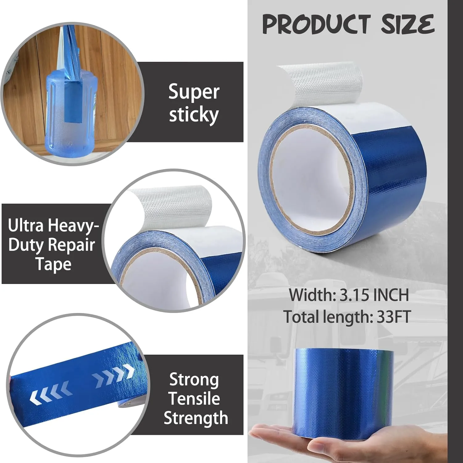 3.15in x 33FT RV Awning Repair Tape - Waterproof, UV-Proof & Heat-Resistant - Heavy Duty Repair Tape for Fabric, Canvas, Tent, Boat Covers, Patio Umbrellas, Car Seat (Blue)