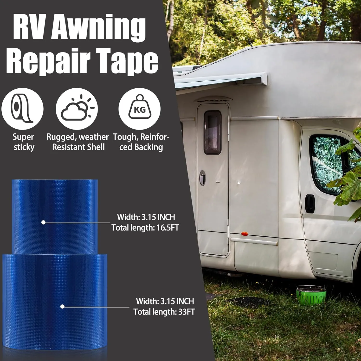3.15in x 33FT RV Awning Repair Tape - Waterproof, UV-Proof & Heat-Resistant - Heavy Duty Repair Tape for Fabric, Canvas, Tent, Boat Covers, Patio Umbrellas, Car Seat (Blue)