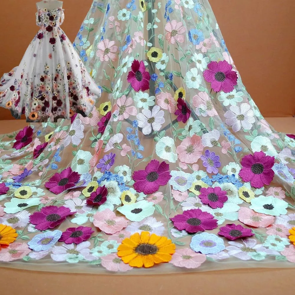 3D Flowers Embroidery Lace Fabric, 51.2" Wide 3 Yards Embroidery Lace Apparel Fabric Soft Tulle Mesh Lace Trim for DIY Wedding Dress Casual Wear Dresses Tops Skirt (White)