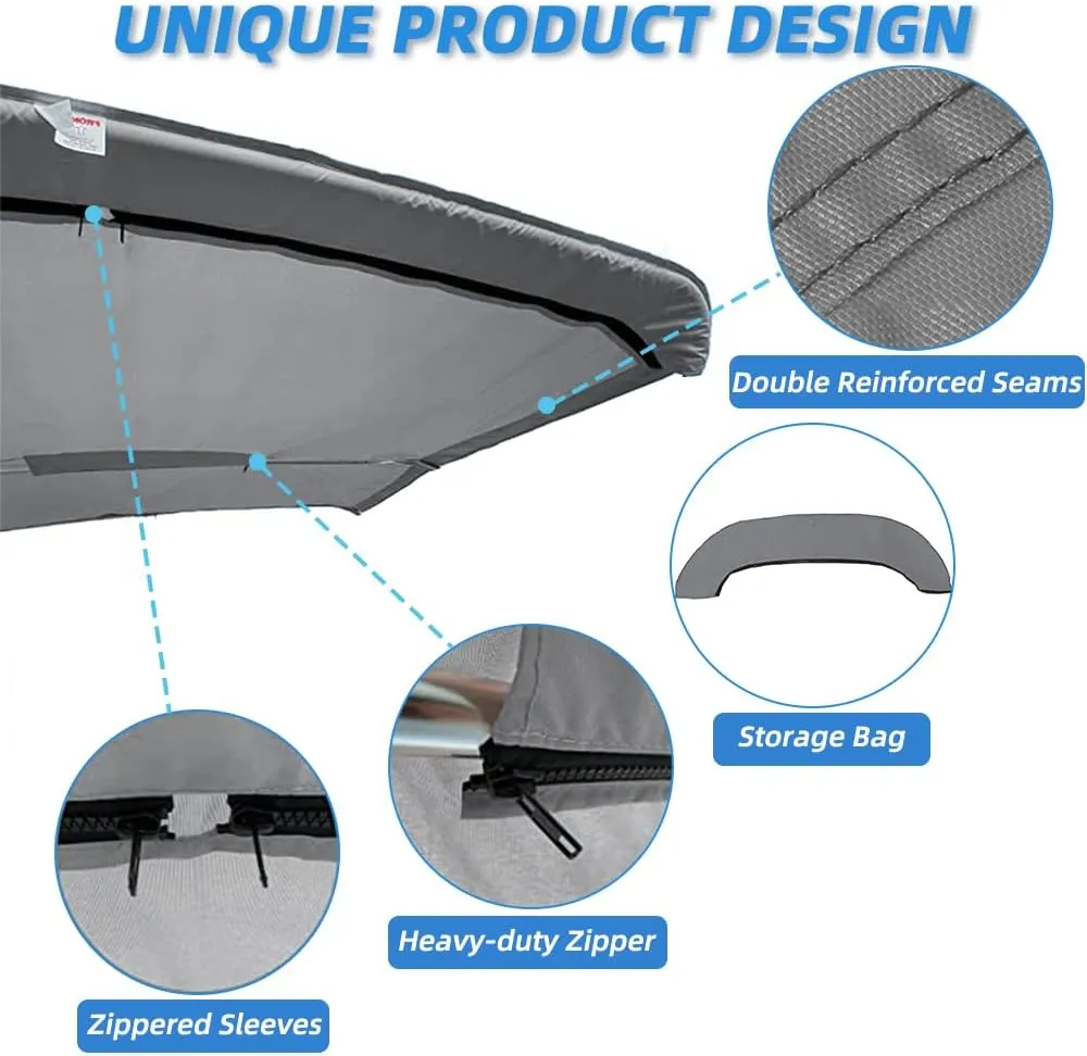 4 Bow Marine Grade Fade and Crack Resistant Bimini Top Replacement Cover, Heavy-Duty Waterproof and UV-proof Sun Shade Boat Canopy, Easy Install Zipper Sleeve Boat Awning/Without Frame, Grey
