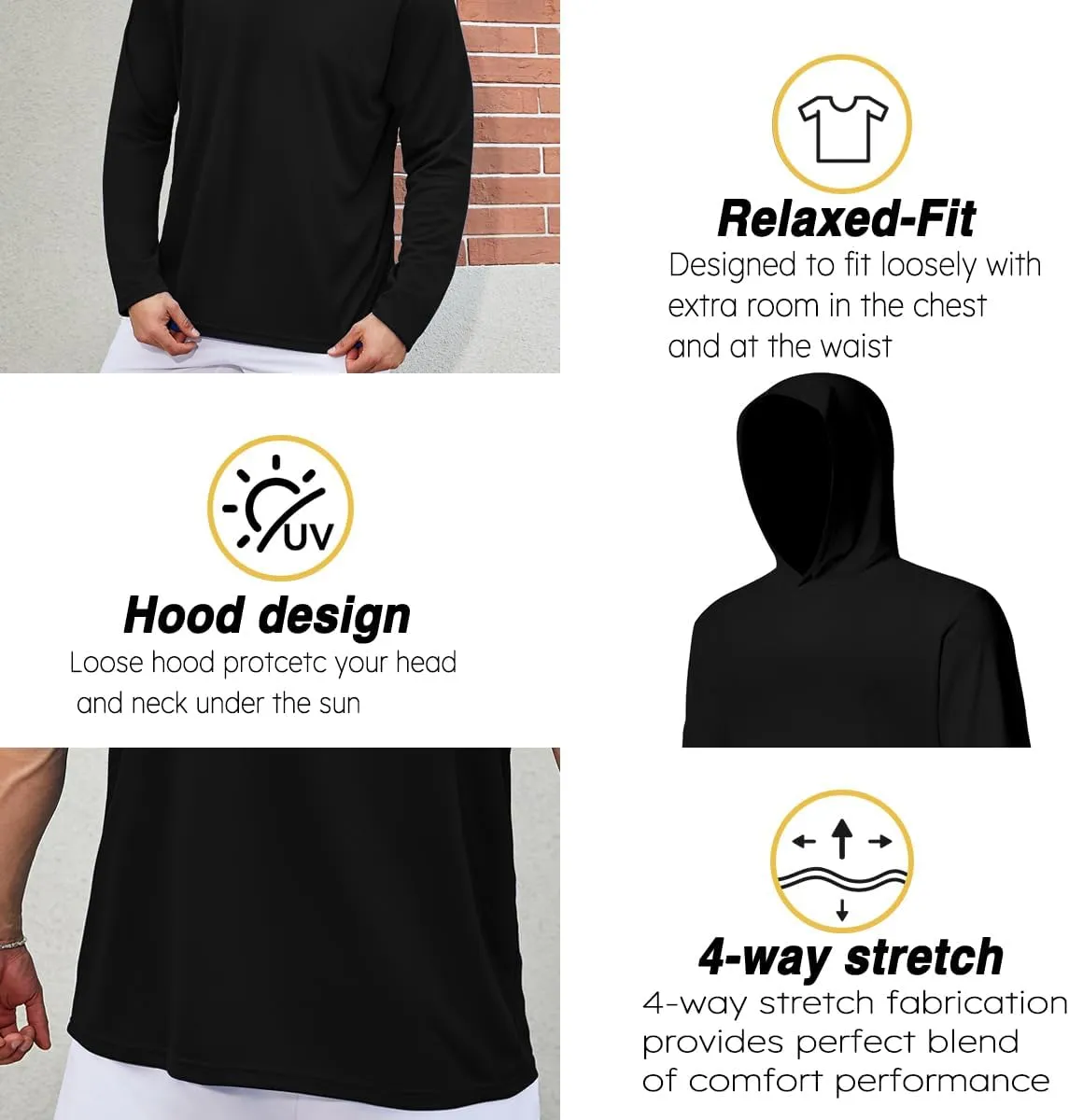 4 Pack Men's UPF 50  Sun Protection Hoodie Shirts Long Sleeve Shirts Quick Dry Lightweight for Running Workout Hiking Fishing