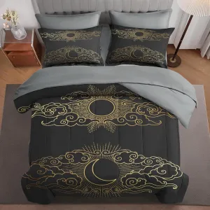 7 Pcs Comforter Set Queen Size, Sun Moon Chinese Japanese Bed in a Bag with Flat Sheet and Fitted Sheet for Kids and Adults, Black Gold Asian Vintage Bedding Set with Pillowcase & Sham