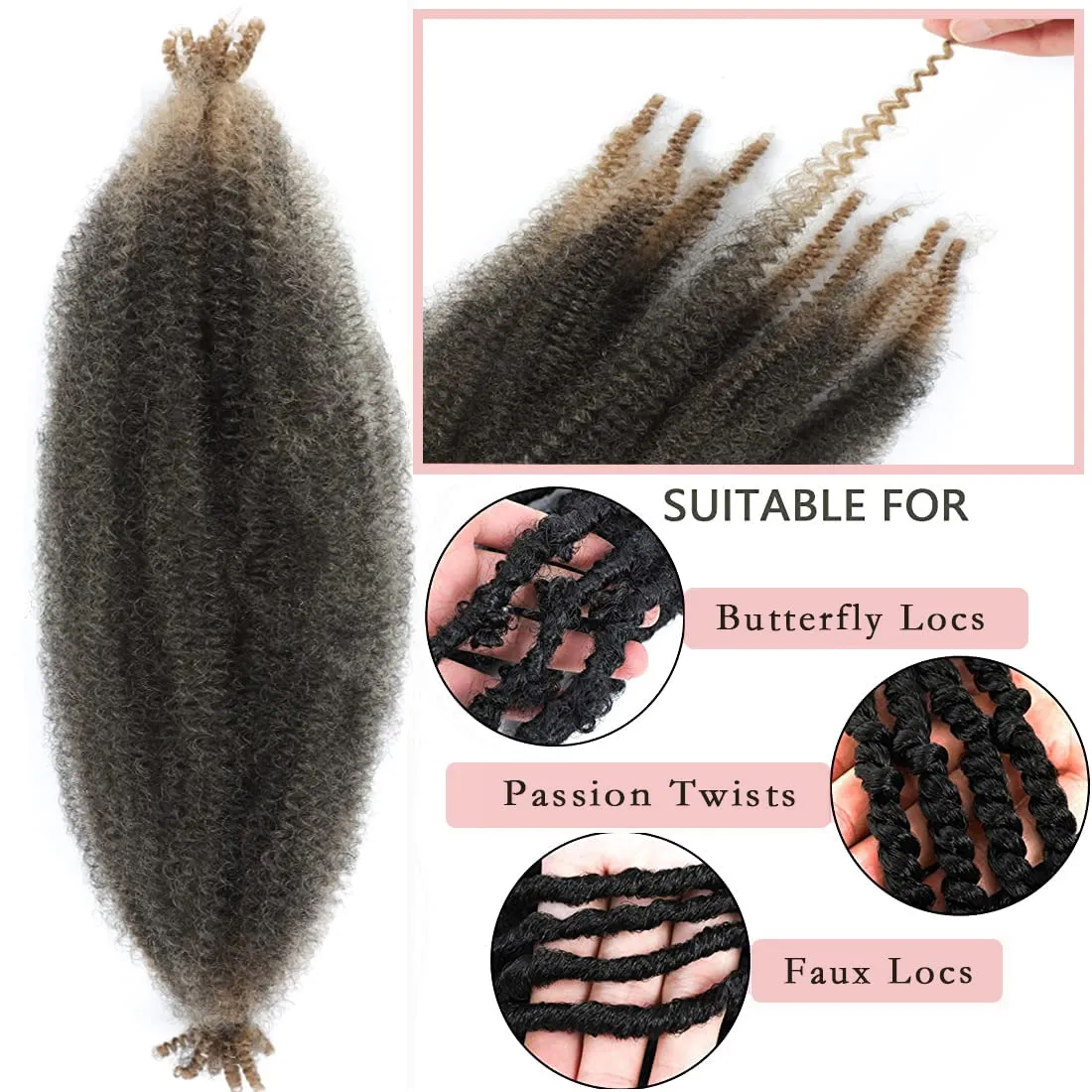 8 Packs Pre-Separated Springy Afro Twist Hair Suitable For Damaged Soft Locs Synthetic Marley Twist Braiding (24 Inch, 1b/27)