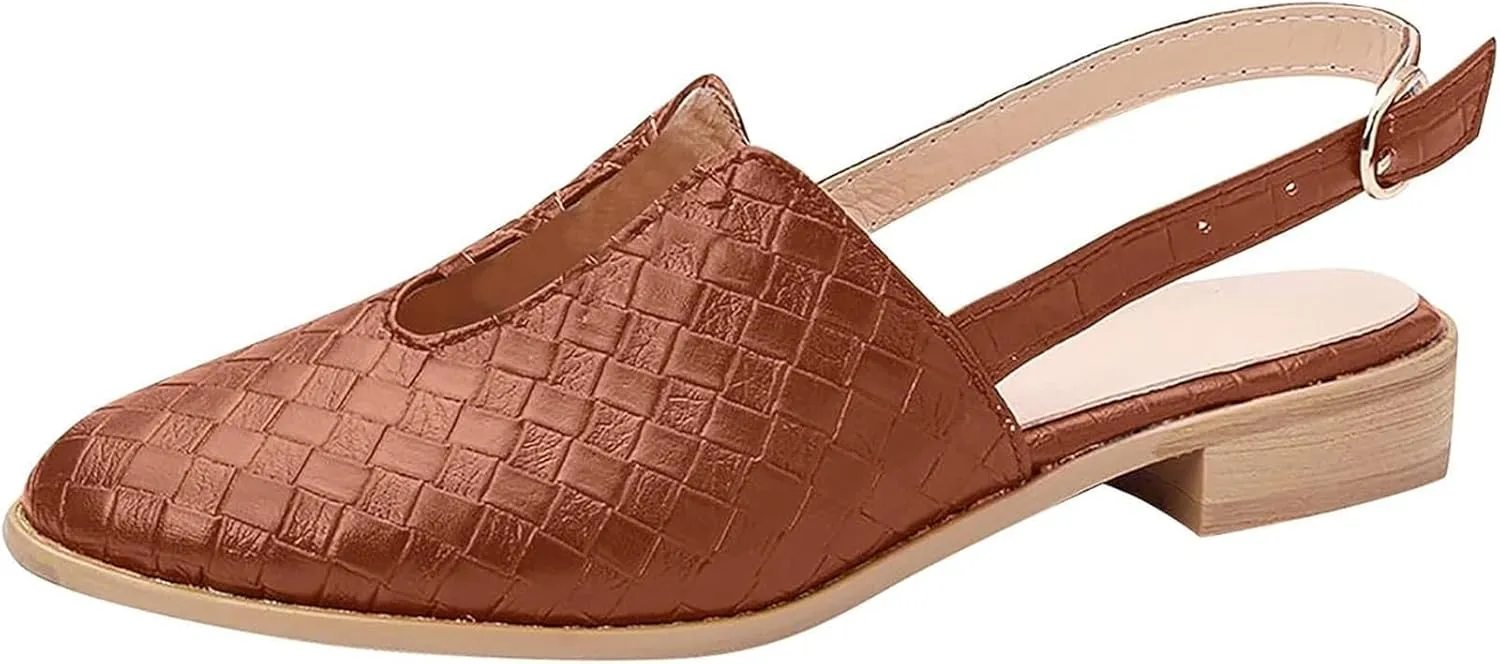 Adjustable Buckle Braided Sandals for Womens Comfortable Pointed Toe Closed Toe Slip On Cut Out Flats Mule Shoe Lightweight Wear-Resistant Daily Loafer