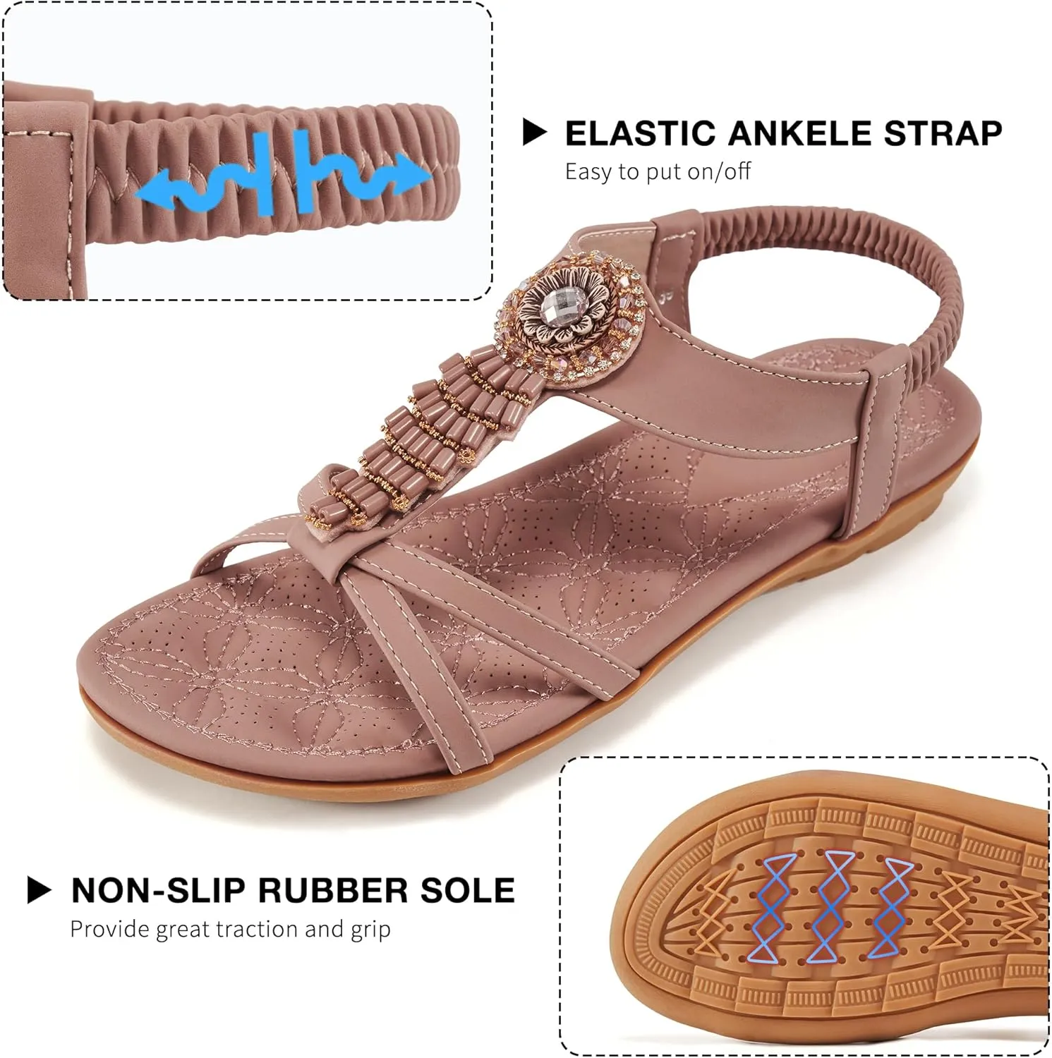 Alicegana Women's Flat Sandals Dressy Summer Comfortable Bohemian Walking Beach Travel Shoes