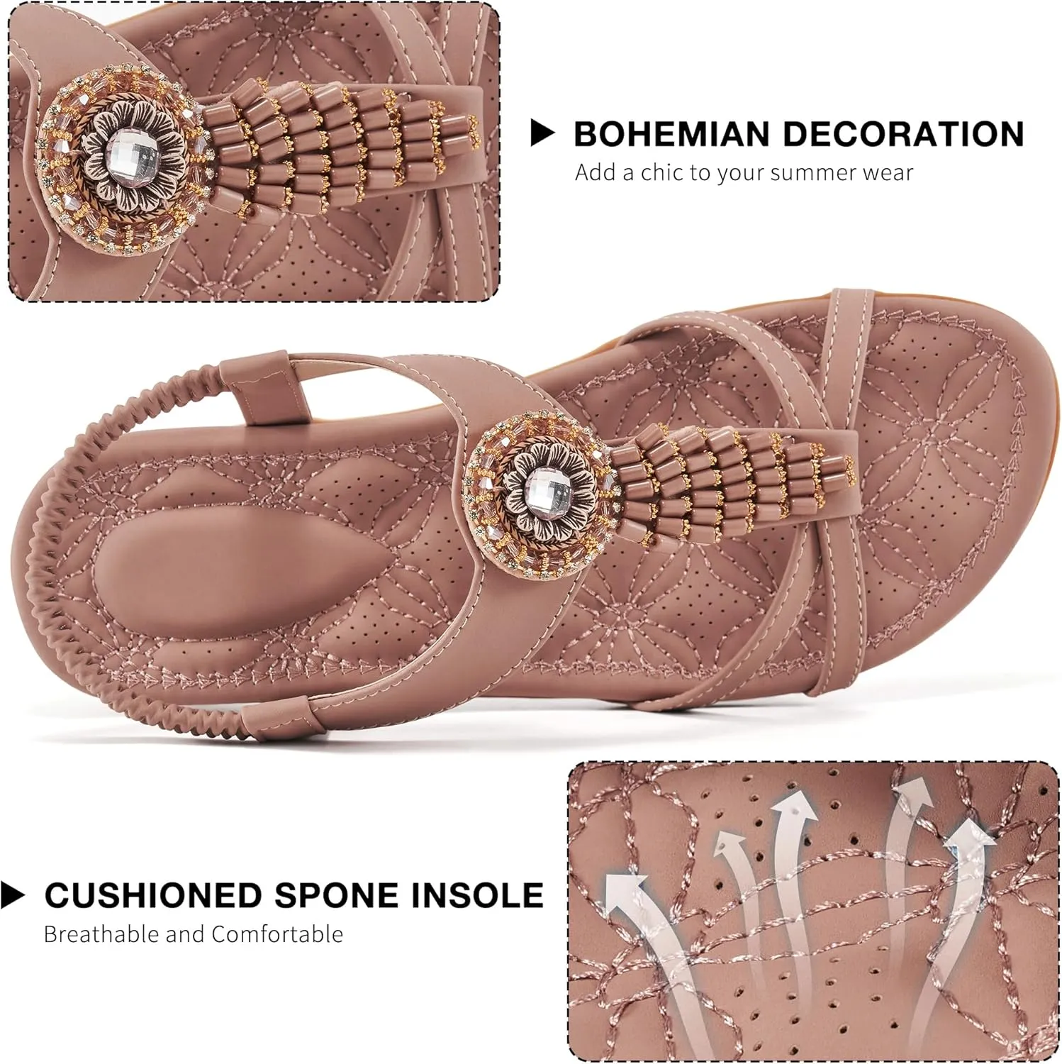 Alicegana Women's Flat Sandals Dressy Summer Comfortable Bohemian Walking Beach Travel Shoes