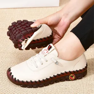 AngryMonkey Women Leather Round Toe Flat Loafers,Handmade Non-Slip Good Arch Support Breathable Soft Bottom Walking Shoes Mom Loafers