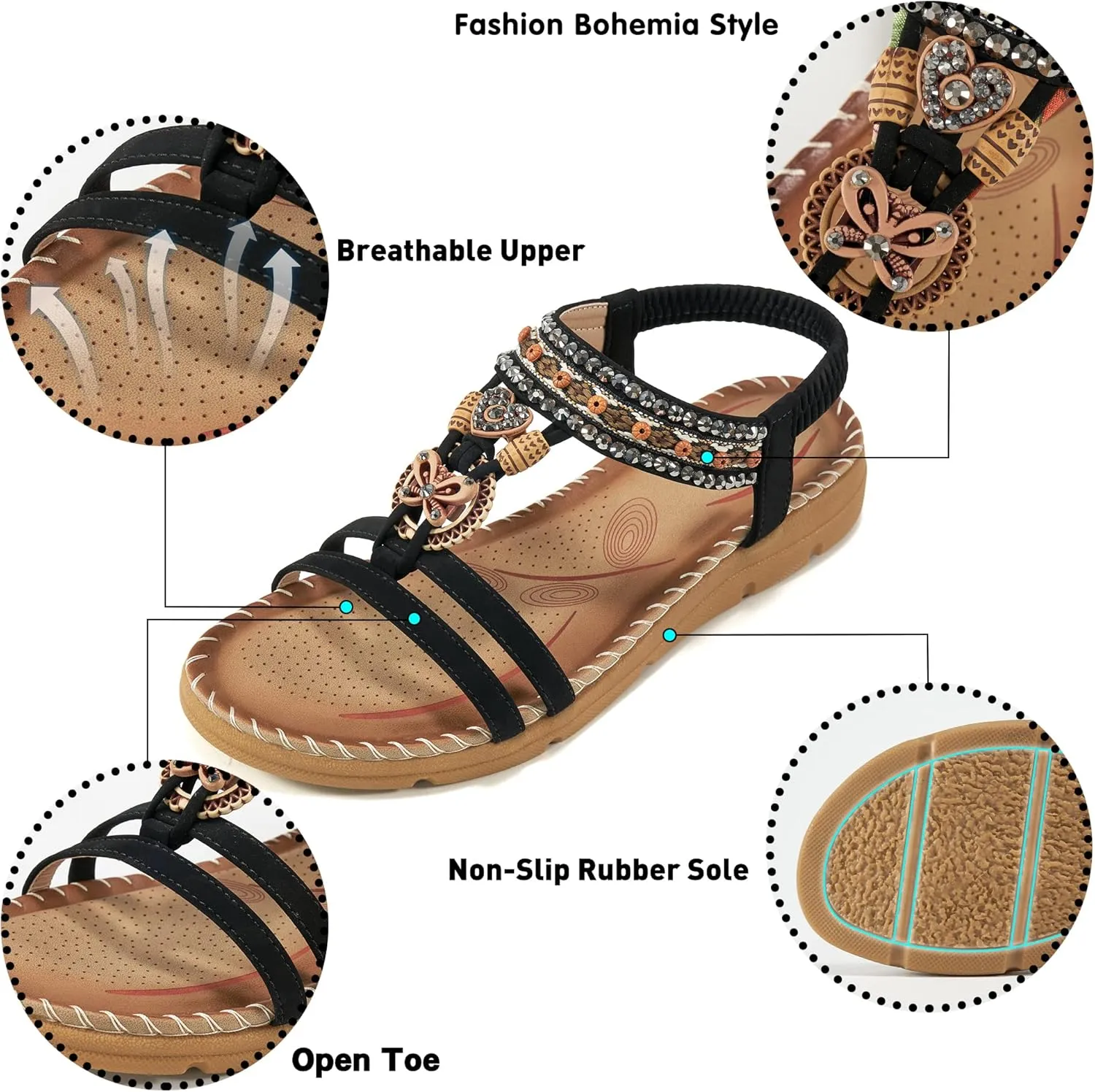 Aomigoct Sandals Women Flat Shoes: Dressy Summer Bohemian Flats Shoes for Women Sandals Comfortable Ankle Strap Outdoor Walking