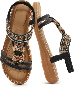 Aomigoct Sandals Women Flat Shoes: Dressy Summer Bohemian Flats Shoes for Women Sandals Comfortable Ankle Strap Outdoor Walking