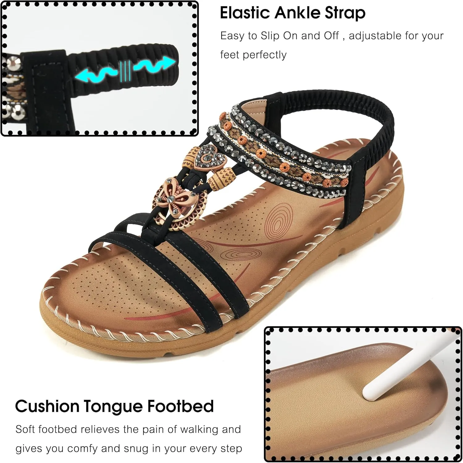 Aomigoct Sandals Women Flat Shoes: Dressy Summer Bohemian Flats Shoes for Women Sandals Comfortable Ankle Strap Outdoor Walking