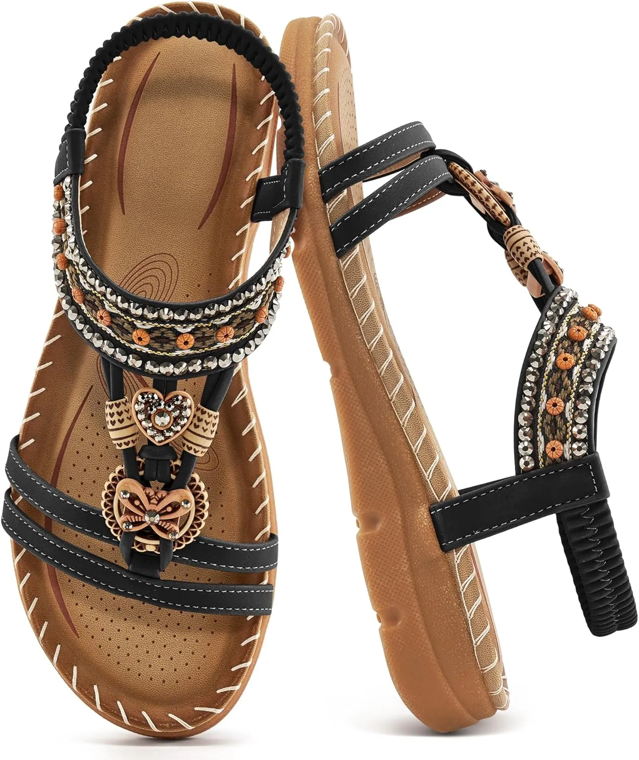 Aomigoct Sandals Women Flat Shoes: Dressy Summer Bohemian Flats Shoes for Women Sandals Comfortable Ankle Strap Outdoor Walking