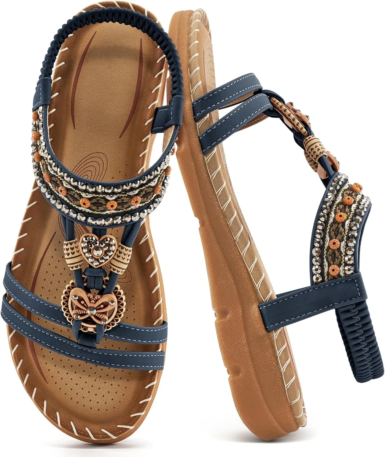 Aomigoct Sandals Women Flat Shoes: Dressy Summer Bohemian Flats Shoes for Women Sandals Comfortable Ankle Strap Outdoor Walking