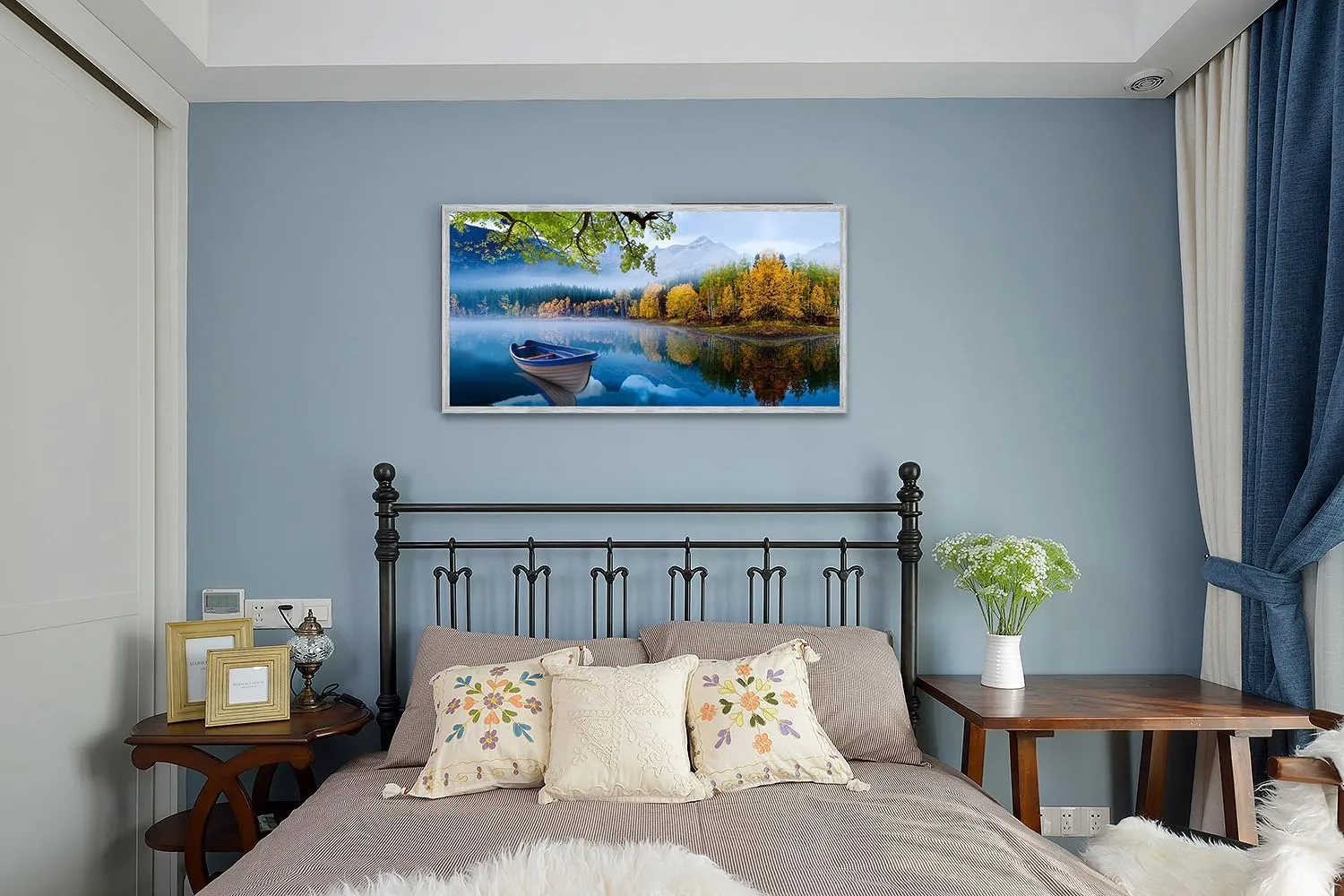 Arjun Lake Canvas Wall Art Blue Mountain Sky Nature Landscape Boat Picture Artwork Modern Scenery Painting for Living Room Bedroom Bathroom Home Office Wall Decor, Large Size Wood Grain Framed 40"x20"