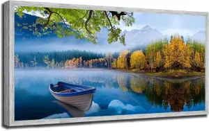 Arjun Lake Canvas Wall Art Blue Mountain Sky Nature Landscape Boat Picture Artwork Modern Scenery Painting for Living Room Bedroom Bathroom Home Office Wall Decor, Large Size Wood Grain Framed 40"x20"