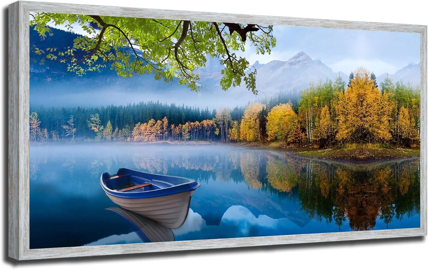 Arjun Lake Canvas Wall Art Blue Mountain Sky Nature Landscape Boat Picture Artwork Modern Scenery Painting for Living Room Bedroom Bathroom Home Office Wall Decor, Large Size Wood Grain Framed 40"x20"