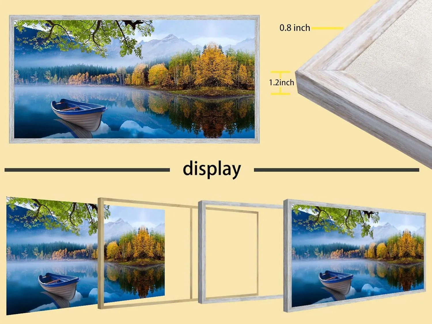 Arjun Lake Canvas Wall Art Blue Mountain Sky Nature Landscape Boat Picture Artwork Modern Scenery Painting for Living Room Bedroom Bathroom Home Office Wall Decor, Large Size Wood Grain Framed 40"x20"