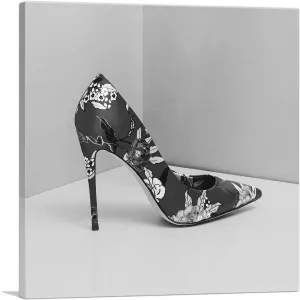 ARTCANVAS Black White Modern High Heels Shoe Stiletto Flower Pattern Canvas Art Print Stretched Framed Painting Picture Poster Giclee Wall Decor - 18" x 18" (0.75" Deep)