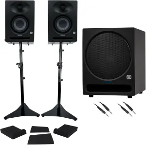 Audiosavings Bundle: (1) Presonus Eris Pro Sub 10" Studio Subwoofer Bundle with (2) Presonus Eris Studio Powered Studio Monitor Speaker & (1) Rockville RVSM5 Pair Bookshelf Speaker Stands (8 Items)