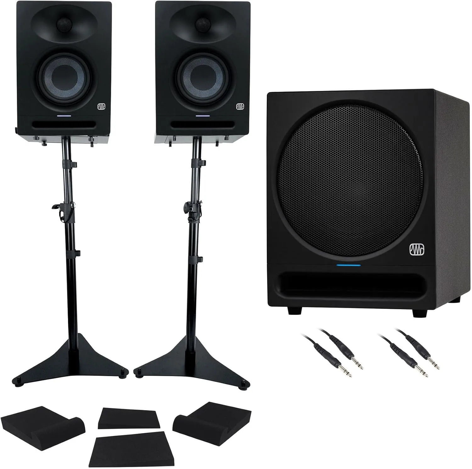 Audiosavings Bundle: (1) Presonus Eris Pro Sub 10" Studio Subwoofer Bundle with (2) Presonus Eris Studio Powered Studio Monitor Speaker & (1) Rockville RVSM5 Pair Bookshelf Speaker Stands (8 Items)