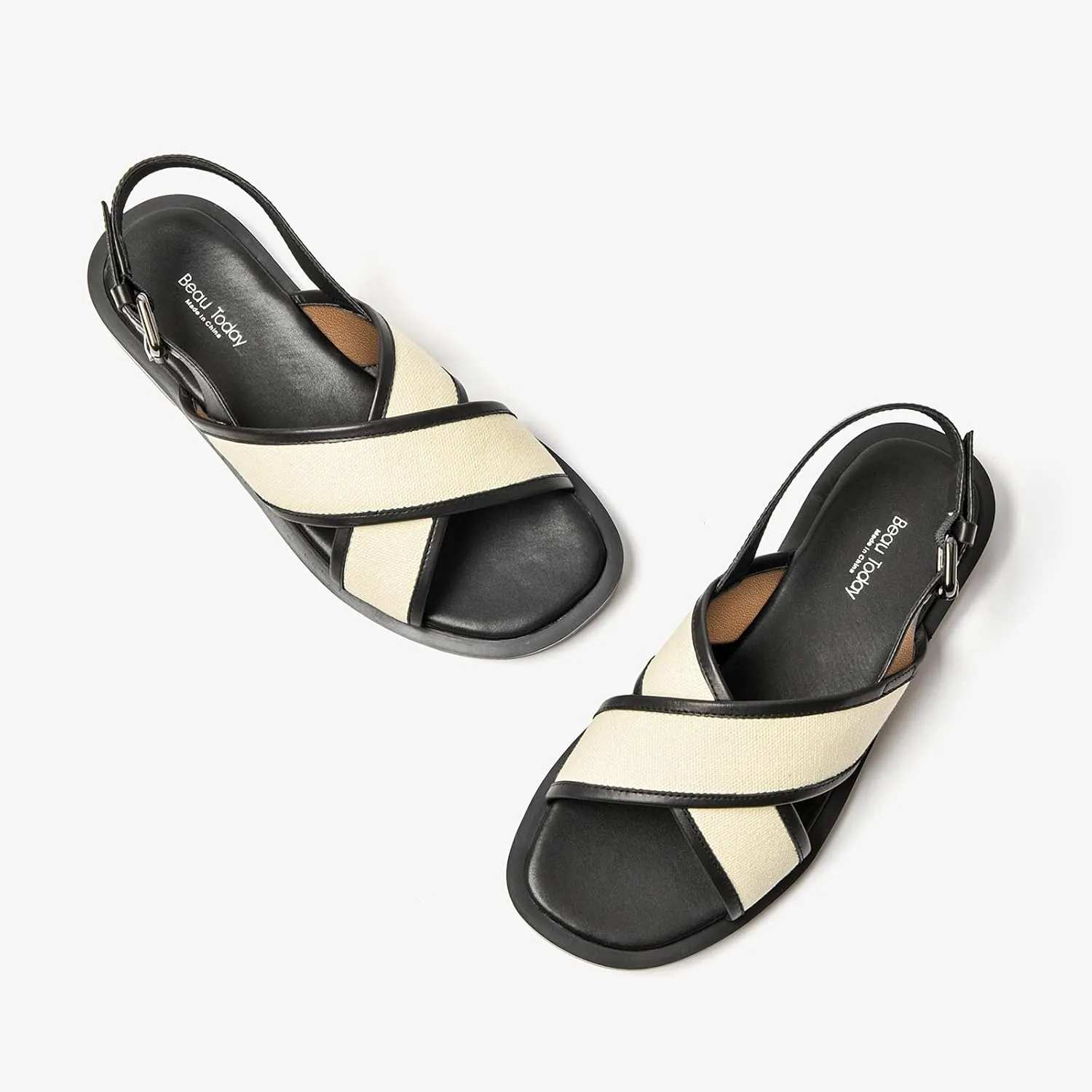 BEAU TODAY Flat Sandals for Women, Women’s Leather Sandals with Back Strap, Open Toe Summer Shoes Buckle Comfortable Dress Sandals Shoes for Women