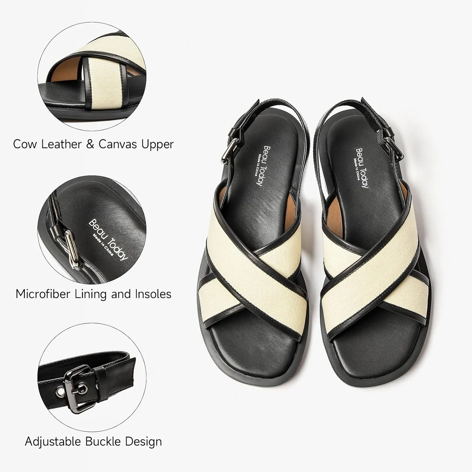 BEAU TODAY Flat Sandals for Women, Women’s Leather Sandals with Back Strap, Open Toe Summer Shoes Buckle Comfortable Dress Sandals Shoes for Women