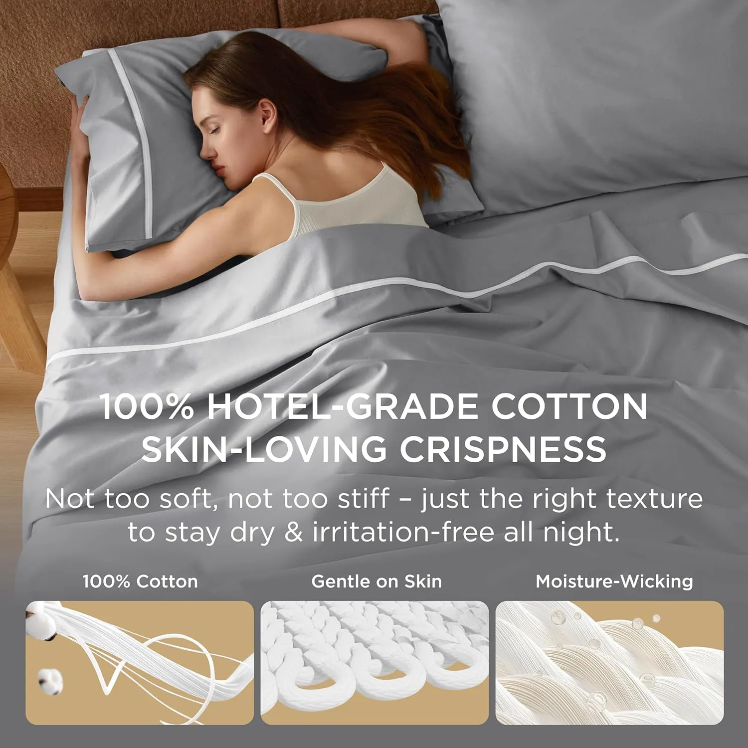 Bedsure 100% Cotton Sheets King Size Set - 500 Thread Count Cotton Sateen Bedsheets, Luxury Hotel Quality, Soft & Breathable Bedsheets, 16" Deep Pocket, 4-Piece, Include King Flat Sheet Gray
