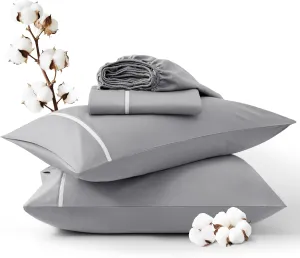Bedsure 100% Cotton Sheets King Size Set - 500 Thread Count Cotton Sateen Bedsheets, Luxury Hotel Quality, Soft & Breathable Bedsheets, 16" Deep Pocket, 4-Piece, Include King Flat Sheet Gray
