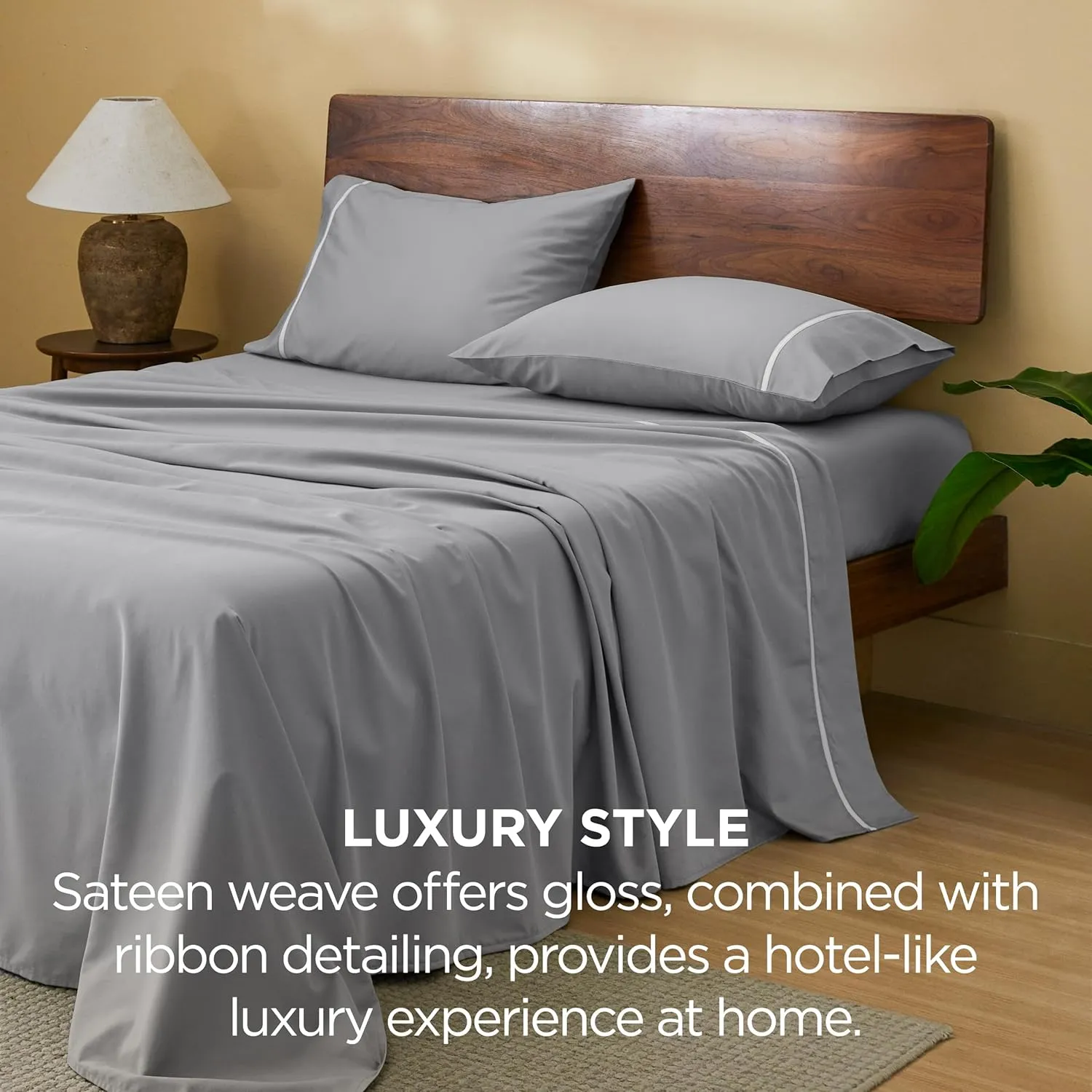 Bedsure 100% Cotton Sheets King Size Set - 500 Thread Count Cotton Sateen Bedsheets, Luxury Hotel Quality, Soft & Breathable Bedsheets, 16" Deep Pocket, 4-Piece, Include King Flat Sheet Gray
