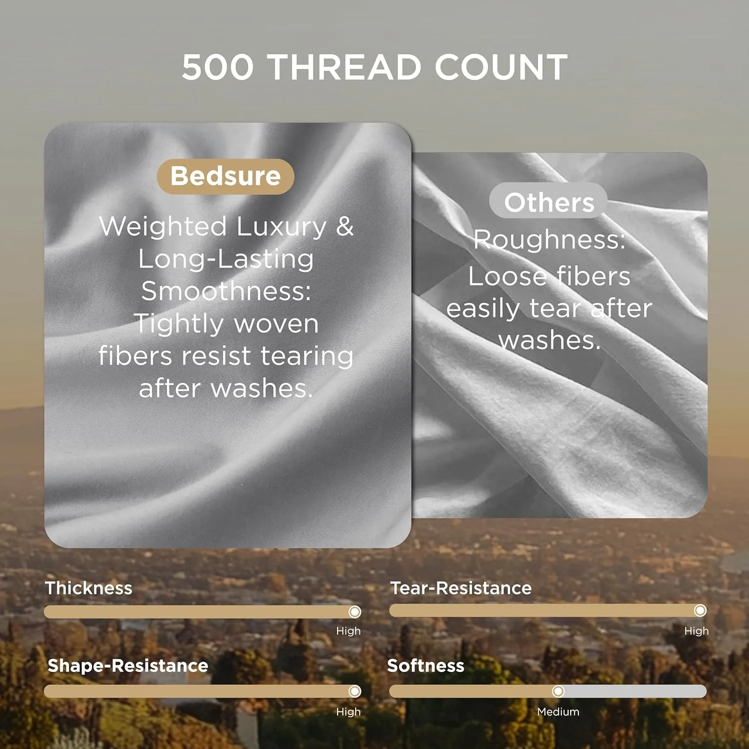 Bedsure 100% Cotton Sheets King Size Set - 500 Thread Count Cotton Sateen Bedsheets, Luxury Hotel Quality, Soft & Breathable Bedsheets, 16" Deep Pocket, 4-Piece, Include King Flat Sheet Gray