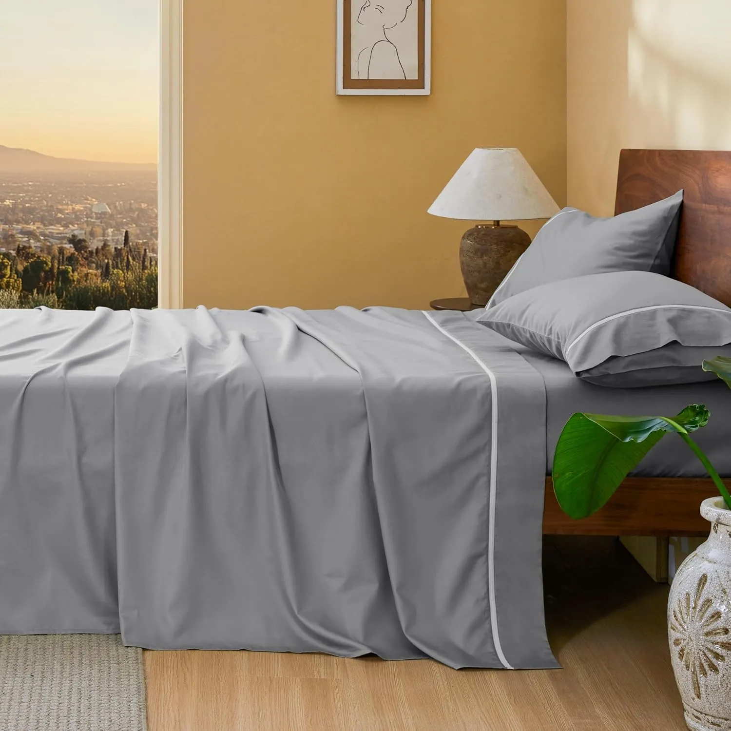 Bedsure 100% Cotton Sheets King Size Set - 500 Thread Count Cotton Sateen Bedsheets, Luxury Hotel Quality, Soft & Breathable Bedsheets, 16" Deep Pocket, 4-Piece, Include King Flat Sheet Gray