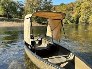 Beige Canoe/Kayak Sun Shade/Canopy Bimini Top Conestoga Wagon Style with 2 Differently Sized Sets of Removable Zippered Side Curtains for Maximum Sun Protection and Complete Customization