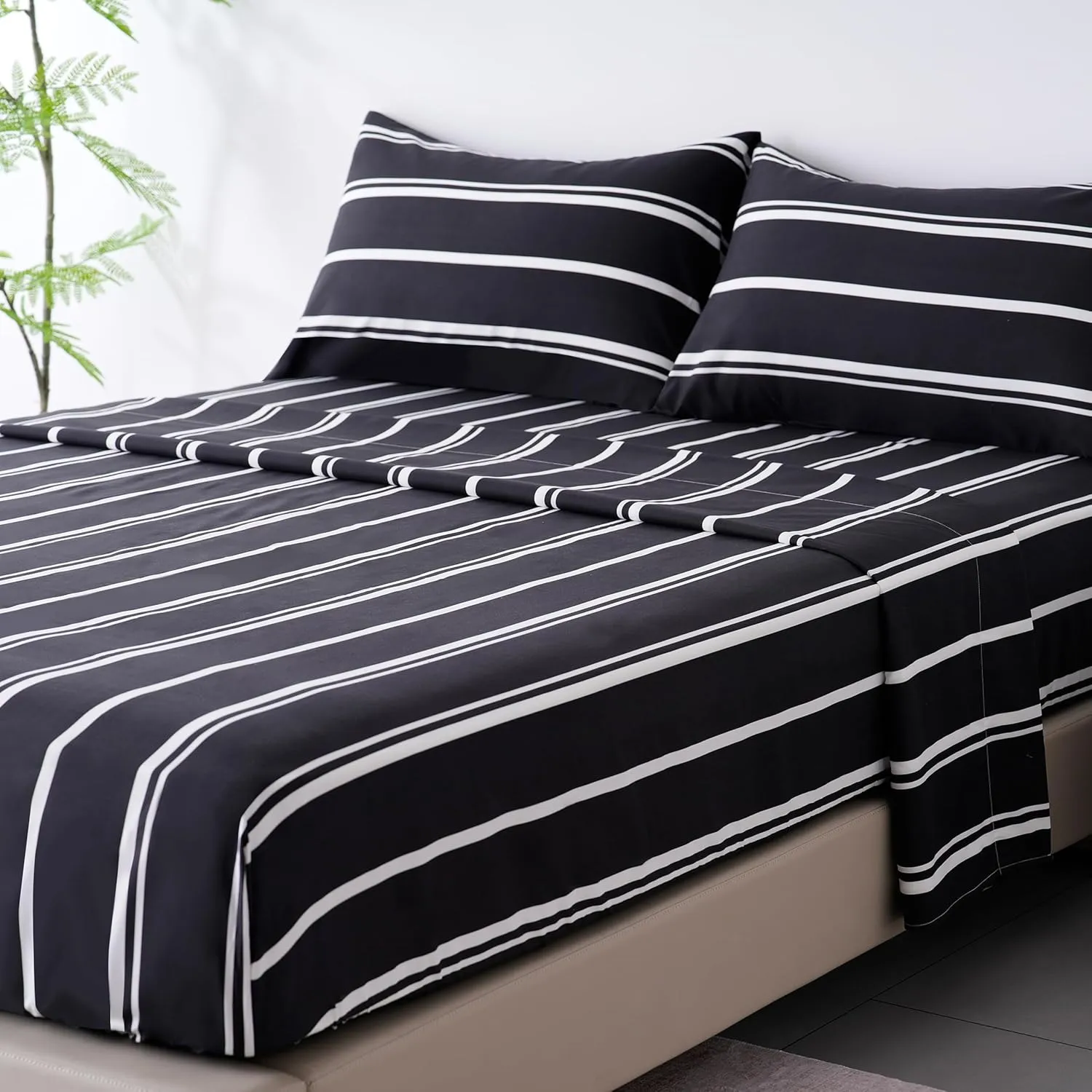 Best Season Stripe Bed Sheets Set,4 Piece Super Soft Microfiber Bedding-Deep Pocket,Ultra Soft,Fade & Wrinkle Resistant(Queen Size,Black&White)