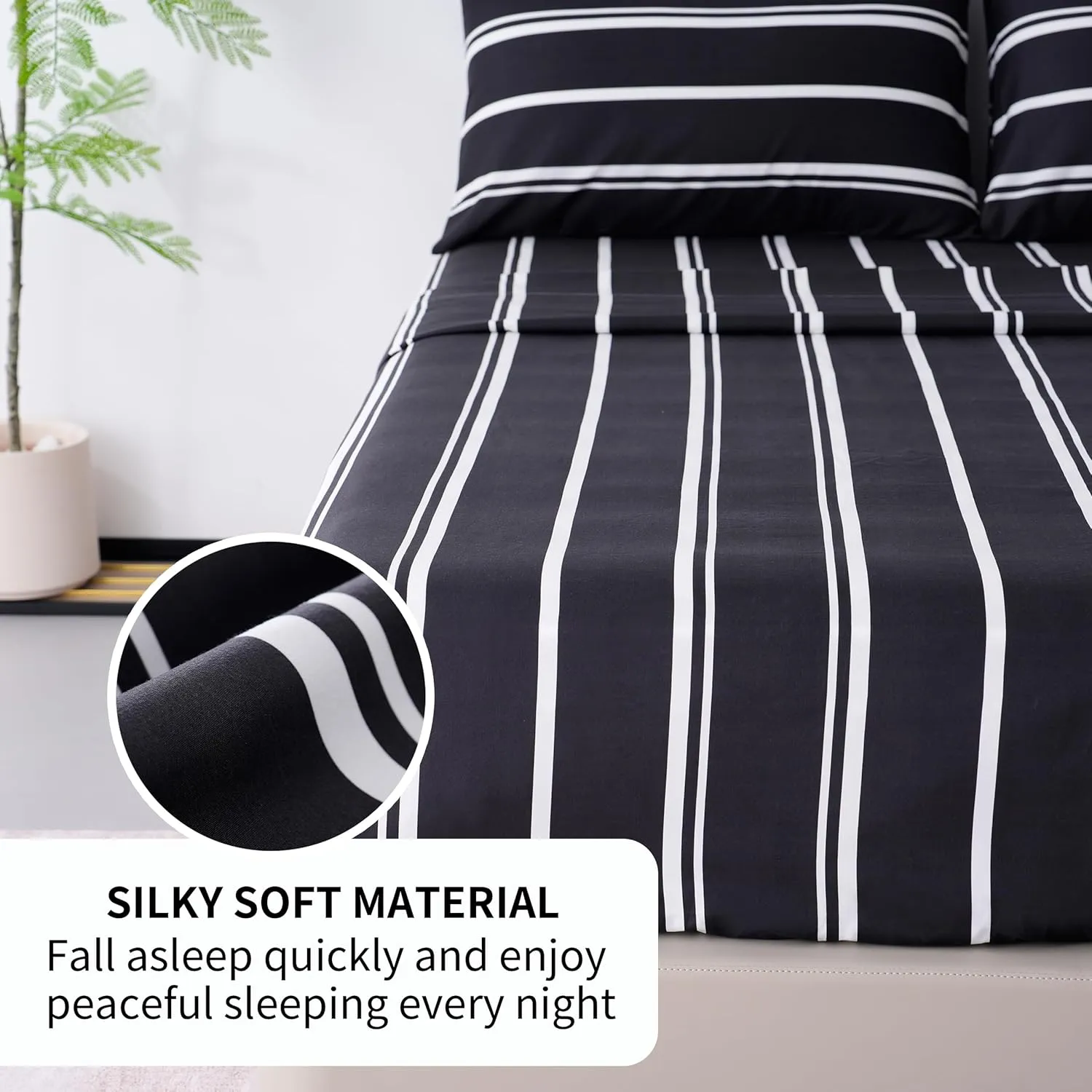 Best Season Stripe Bed Sheets Set,4 Piece Super Soft Microfiber Bedding-Deep Pocket,Ultra Soft,Fade & Wrinkle Resistant(Queen Size,Black&White)