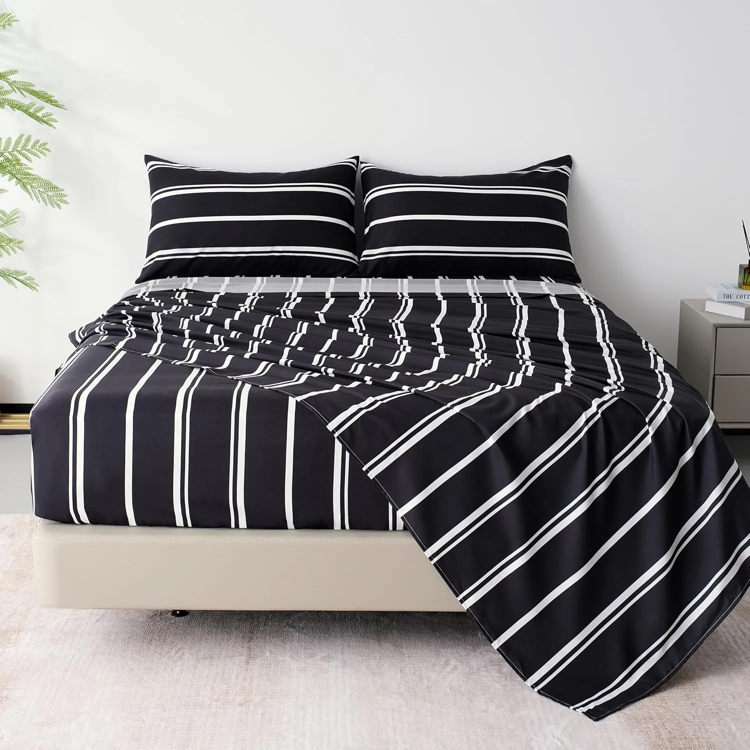 Best Season Stripe Bed Sheets Set,4 Piece Super Soft Microfiber Bedding-Deep Pocket,Ultra Soft,Fade & Wrinkle Resistant(Queen Size,Black&White)