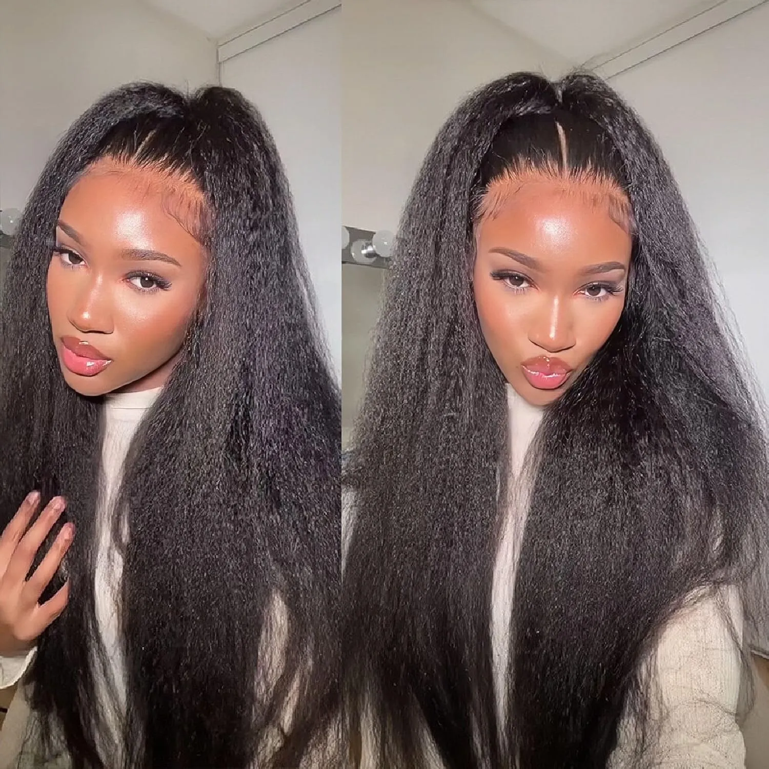 BLY Human Hair Lace Front Glueless Wigs for Women 13x6 Kinky Straight Pre Bleached Knots Yaki Human Hair Wig HD Transparent Lace Pre Plucked 180% Density Natural Black Color 26 Inch