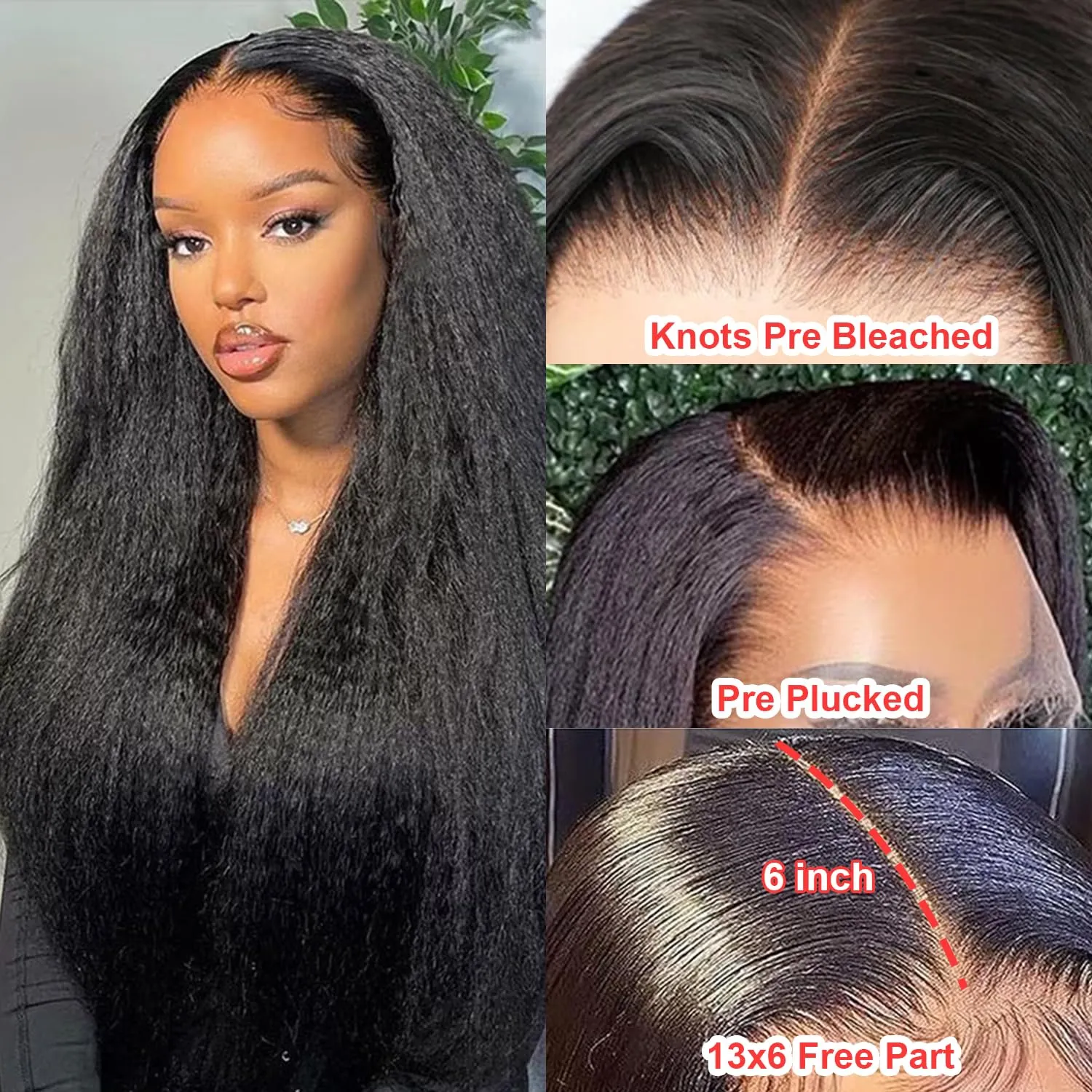 BLY Human Hair Lace Front Glueless Wigs for Women 13x6 Kinky Straight Pre Bleached Knots Yaki Human Hair Wig HD Transparent Lace Pre Plucked 180% Density Natural Black Color 26 Inch