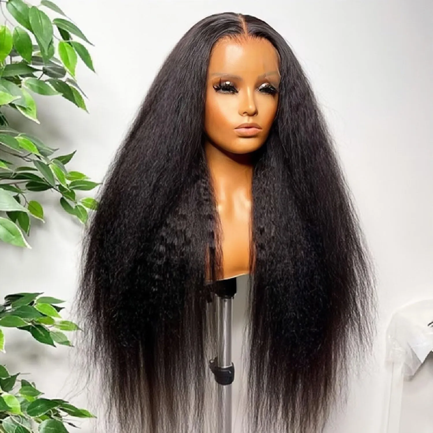 BLY Human Hair Lace Front Glueless Wigs for Women 13x6 Kinky Straight Pre Bleached Knots Yaki Human Hair Wig HD Transparent Lace Pre Plucked 180% Density Natural Black Color 26 Inch