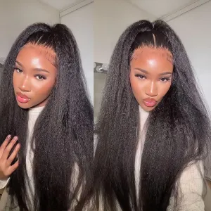 BLY Human Hair Lace Front Glueless Wigs for Women 13x6 Kinky Straight Pre Bleached Knots Yaki Human Hair Wig HD Transparent Lace Pre Plucked 180% Density Natural Black Color 26 Inch