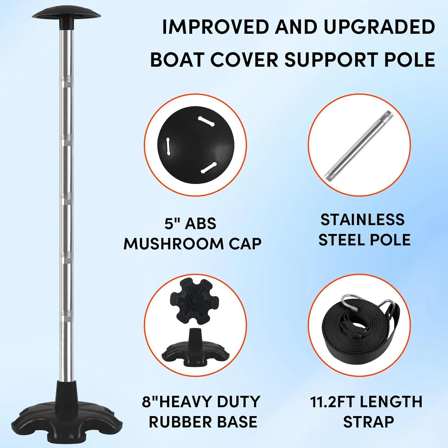 Boat Cover Support Poles 2 Pack, Height Adjustable Stainless Steel Support Pole with Rubber Base,Prevent Rain/Snow from Accumulating,Including Webbing Straps (Black)