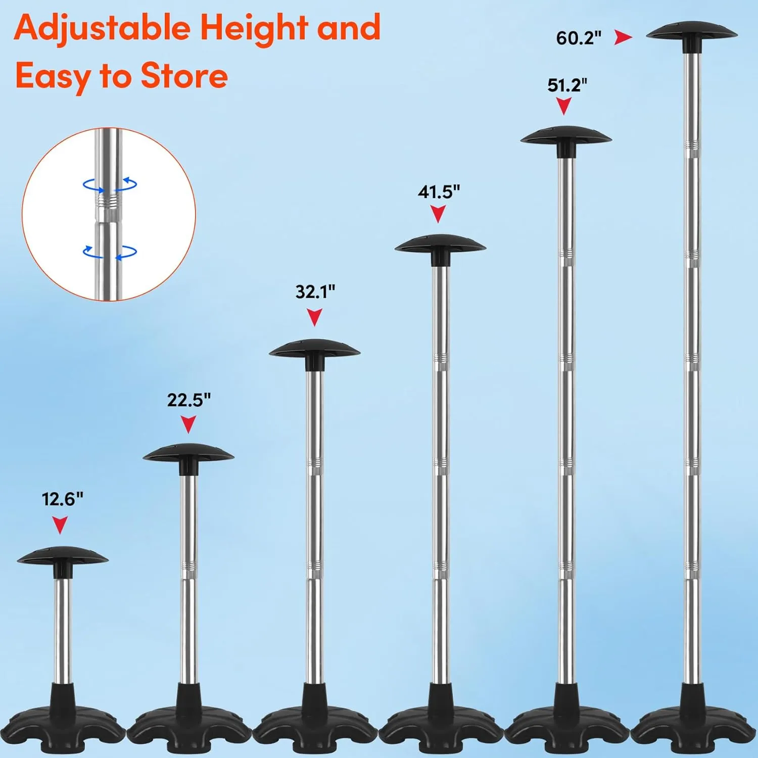 Boat Cover Support Poles 2 Pack, Height Adjustable Stainless Steel Support Pole with Rubber Base,Prevent Rain/Snow from Accumulating,Including Webbing Straps (Black)