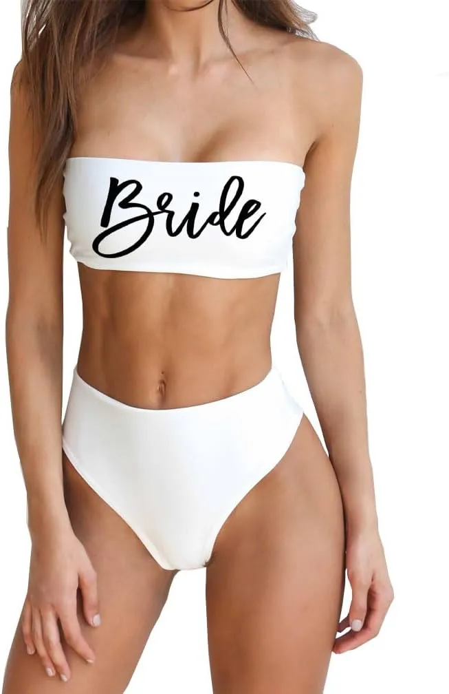 Bride Women 2 Pieces Bandeau Bikini Squad Swimsuits Off Shoulder High Waist Wifey Cheeky Bikinis Set…