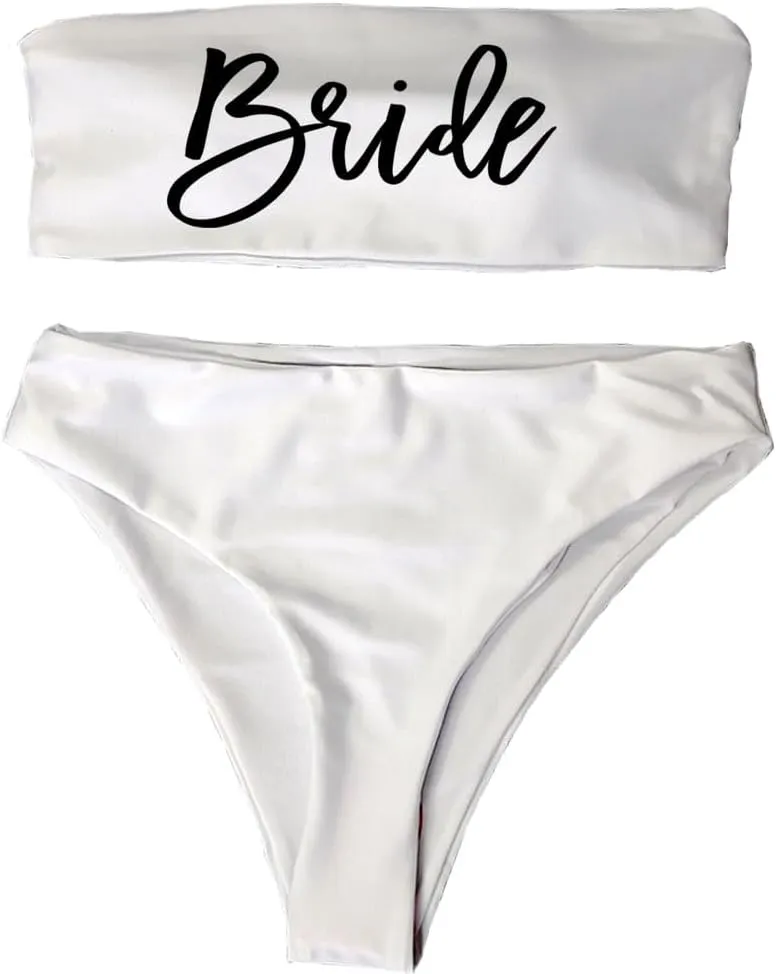 Bride Women 2 Pieces Bandeau Bikini Squad Swimsuits Off Shoulder High Waist Wifey Cheeky Bikinis Set…