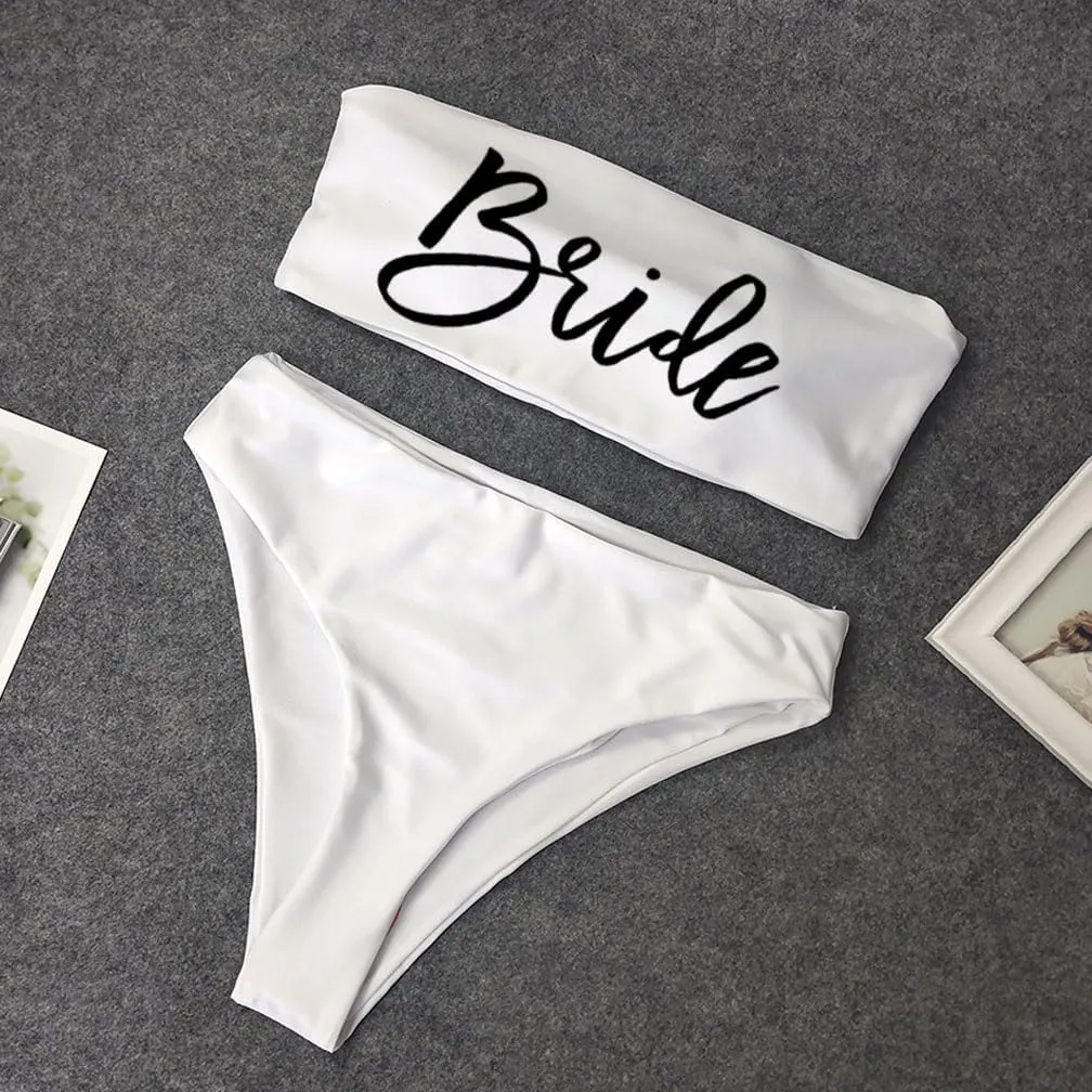 Bride Women 2 Pieces Bandeau Bikini Squad Swimsuits Off Shoulder High Waist Wifey Cheeky Bikinis Set…