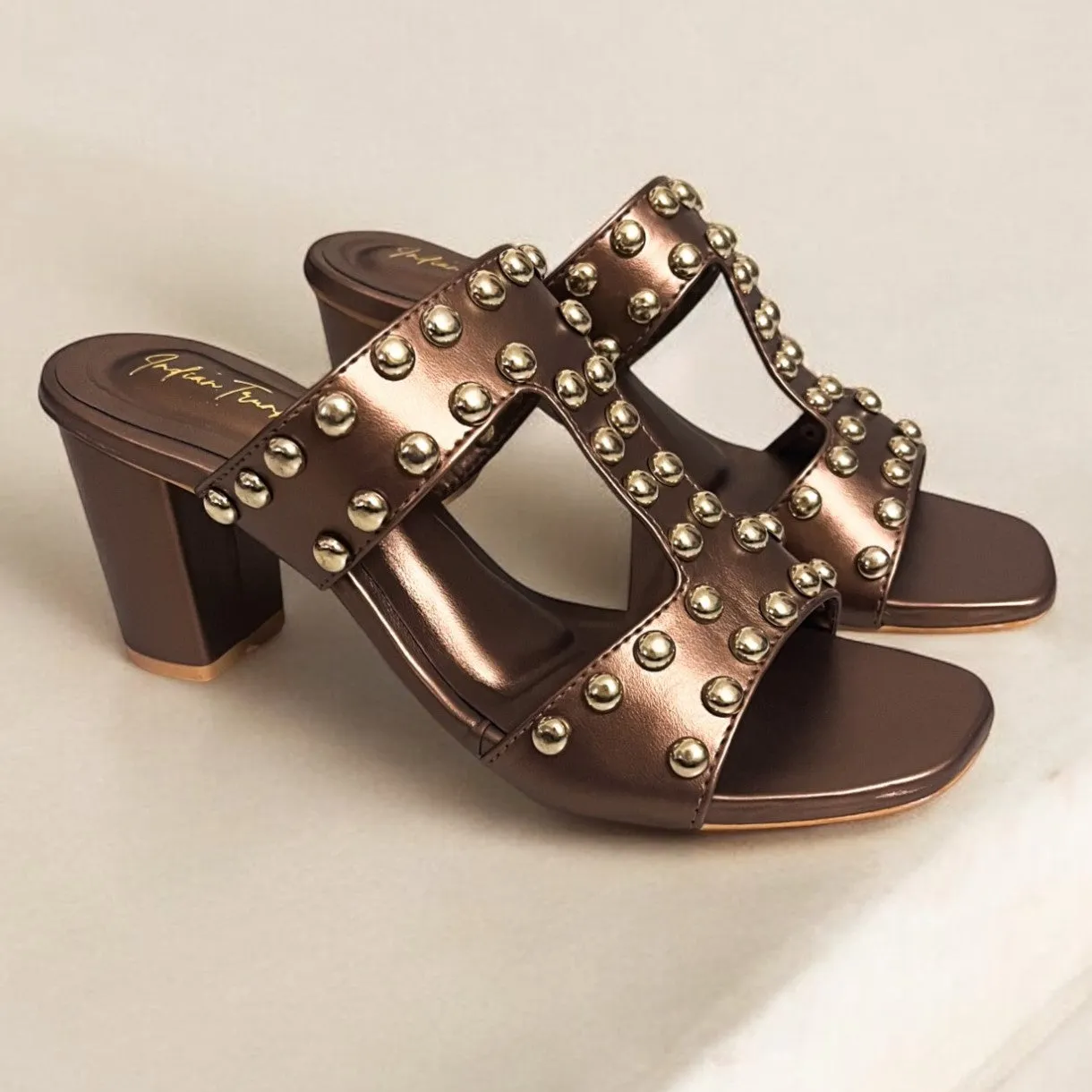 Bronze Studded Block Heels Sandals
